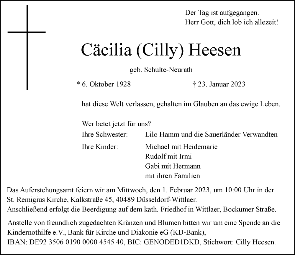  Traueranzeige für Cäcilia Heesen vom 28.01.2023 aus Rheinische Post