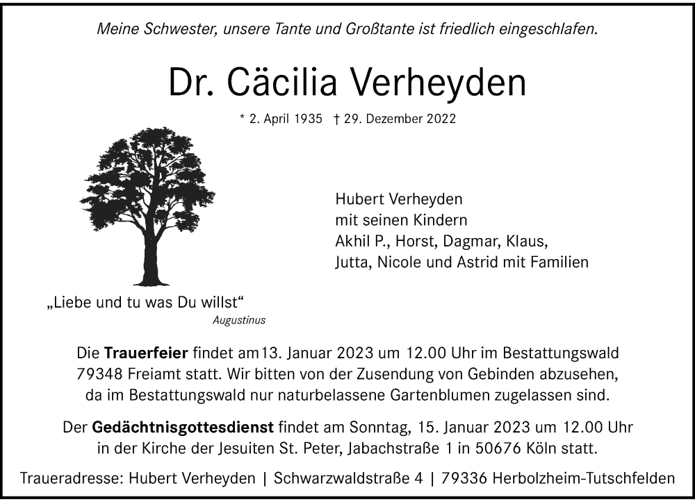  Traueranzeige für Cäcilia Verheyden vom 07.01.2023 aus Rheinische Post