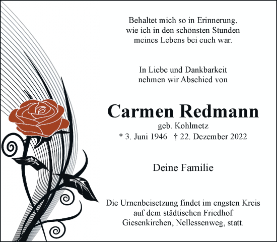 Traueranzeige von Carmen Redmann von Rheinische Post