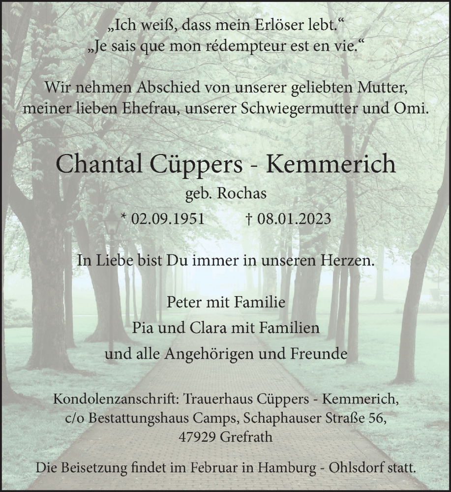  Traueranzeige für Chantal Cüppers-Kemmerich vom 14.01.2023 aus Rheinische Post