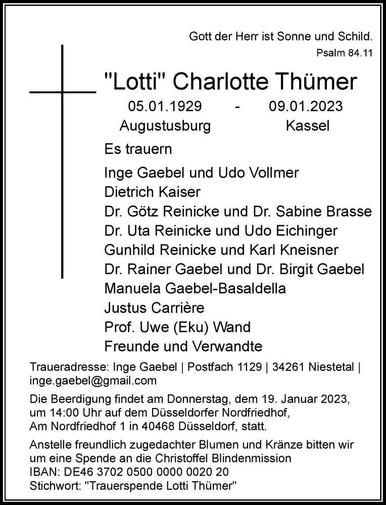  Traueranzeige für Charlotte Thümer vom 14.01.2023 aus Rheinische Post