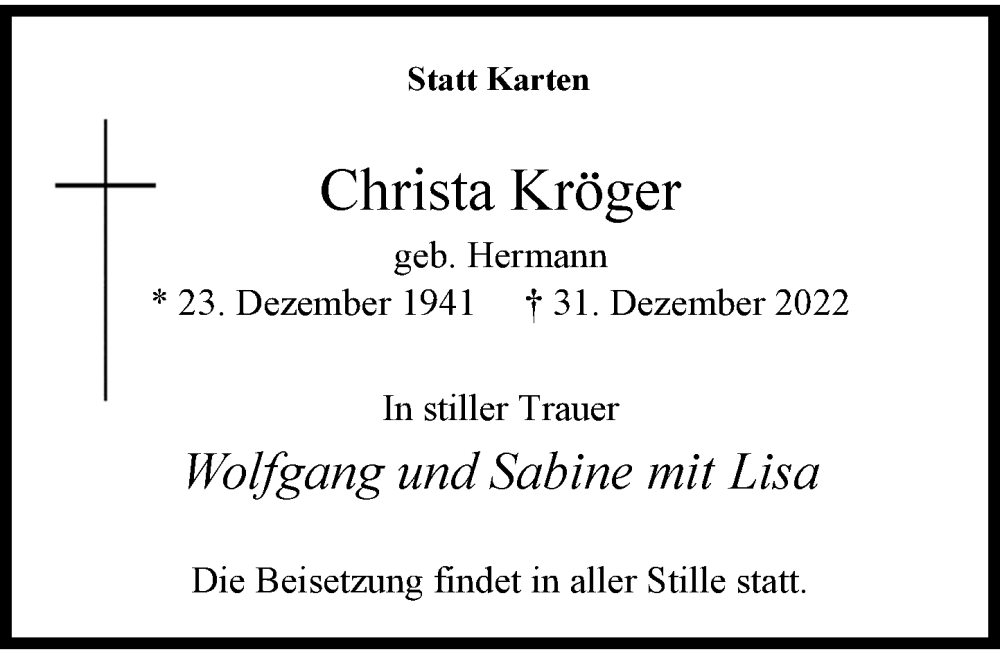  Traueranzeige für Christa Kröger vom 21.01.2023 aus Rheinische Post