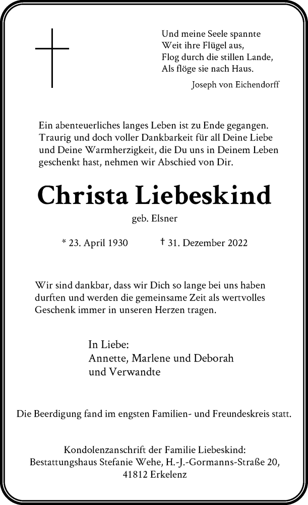  Traueranzeige für Christa Liebeskind vom 07.01.2023 aus Rheinische Post