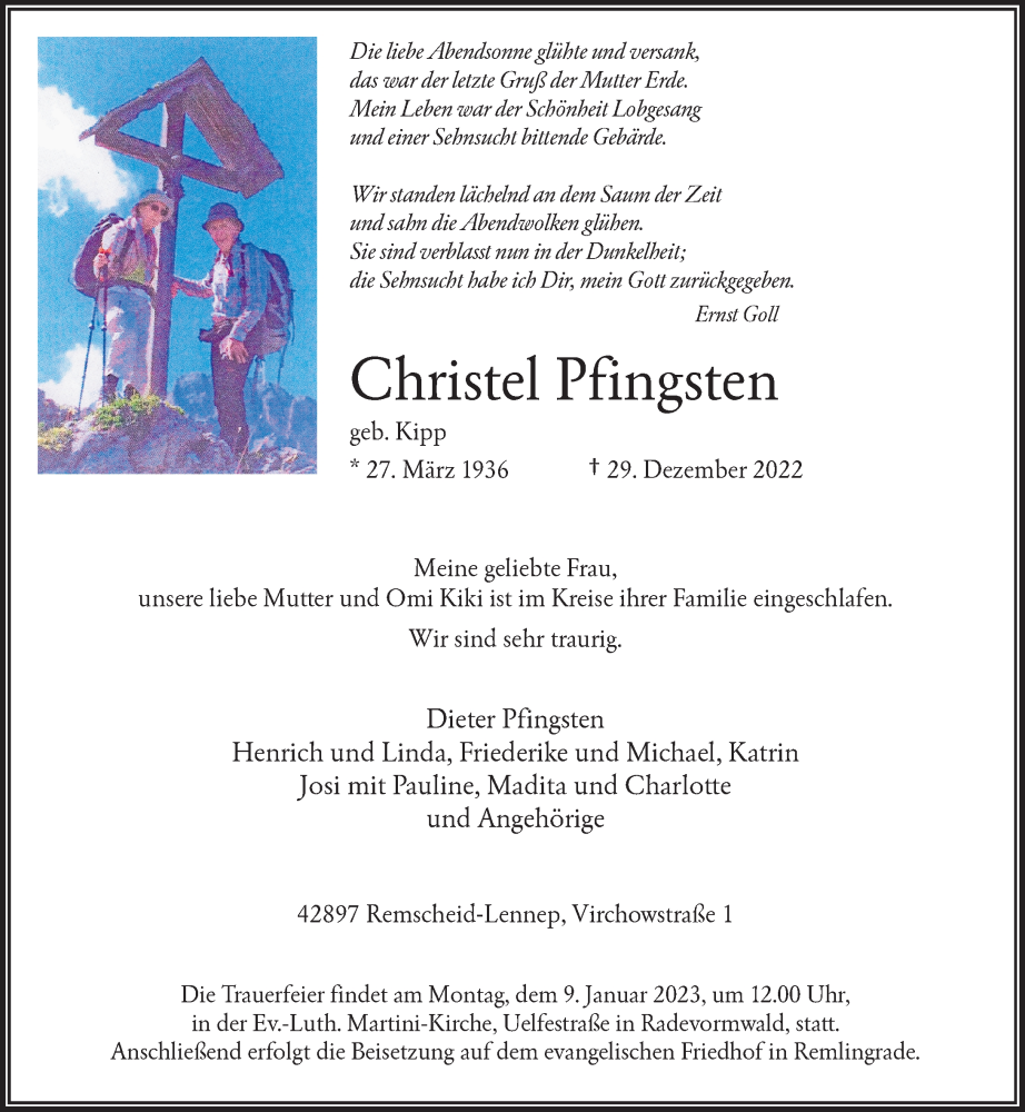  Traueranzeige für Christel Pfingsten vom 03.01.2023 aus Rheinische Post