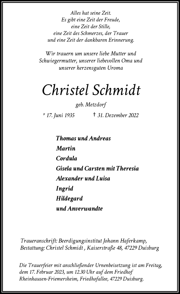  Traueranzeige für Christel Schmidt vom 07.01.2023 aus Rheinische Post