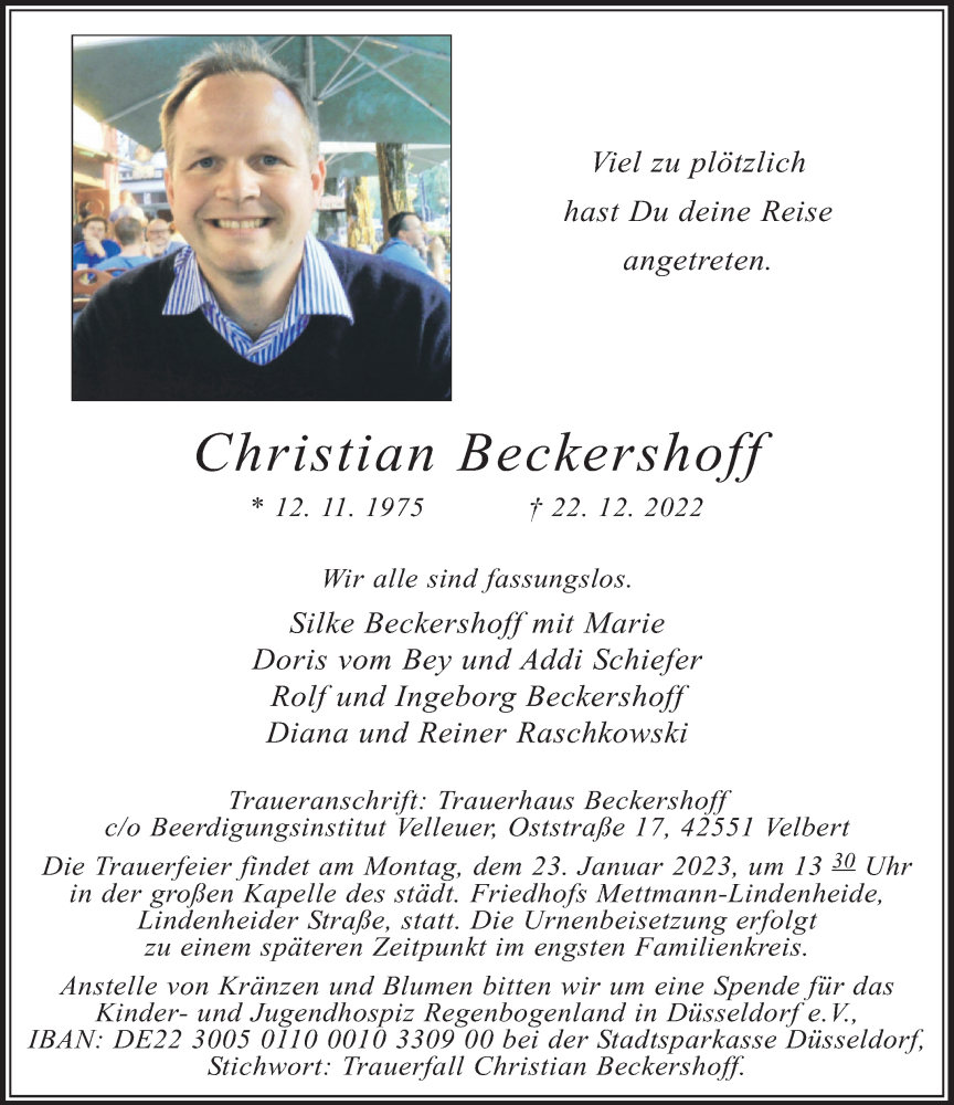  Traueranzeige für Christian Beckershoff vom 14.01.2023 aus Rheinische Post