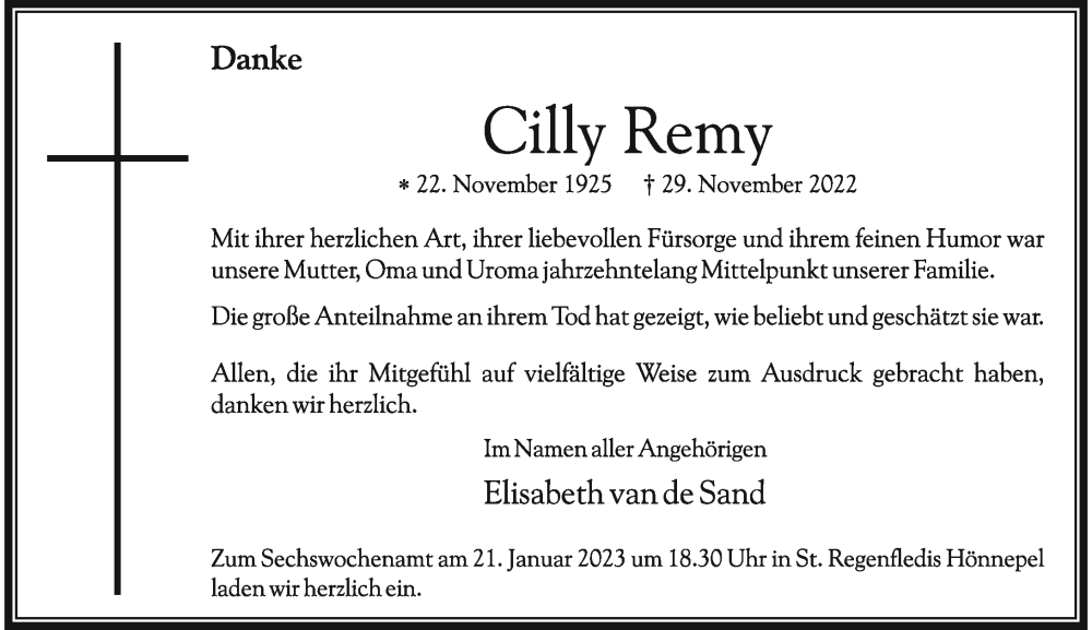  Traueranzeige für Cilly Remy vom 14.01.2023 aus Rheinische Post