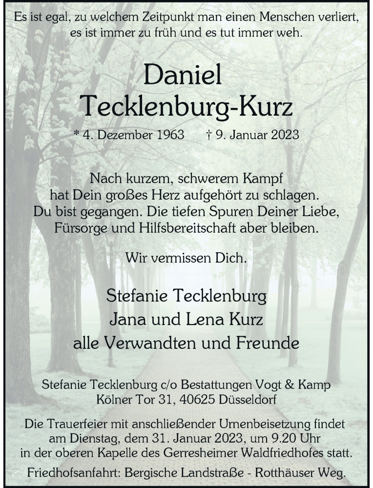  Traueranzeige für Daniel Tecklenburg-Kurz vom 21.01.2023 aus Rheinische Post