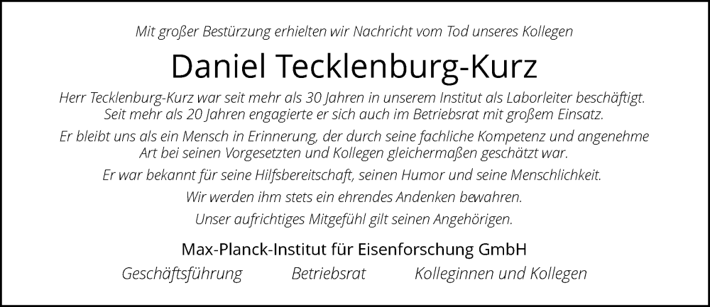  Traueranzeige für Daniel Tecklenburg-Kurz vom 28.01.2023 aus Rheinische Post