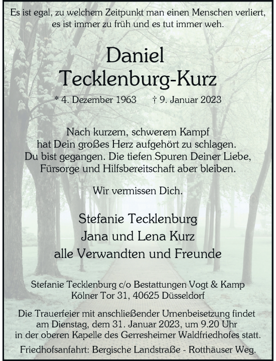 Traueranzeige von Daniel Tecklenburg-Kurz von Rheinische Post
