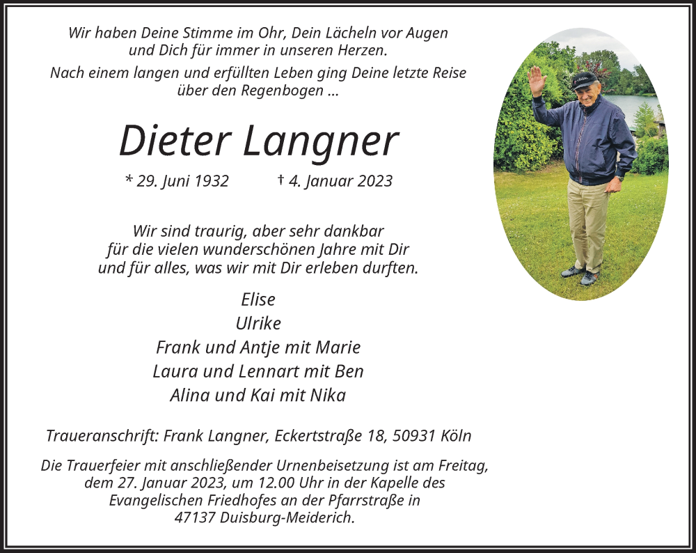  Traueranzeige für Dieter Langner vom 21.01.2023 aus Rheinische Post