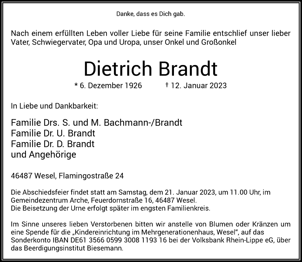  Traueranzeige für Dietrich Brandt vom 17.01.2023 aus Rheinische Post
