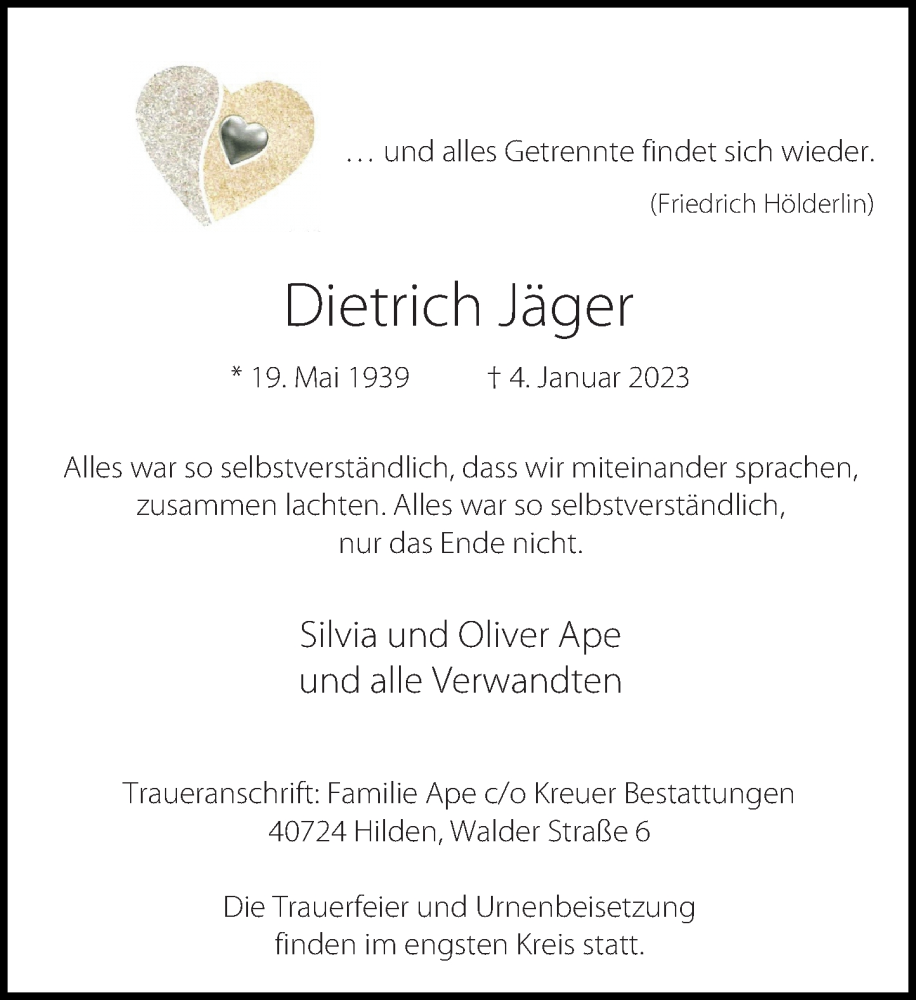  Traueranzeige für Dietrich Jäger vom 21.01.2023 aus Rheinische Post
