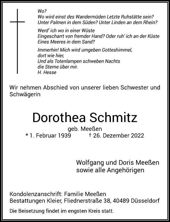 Traueranzeige von Dorothea Schmitz von Rheinische Post