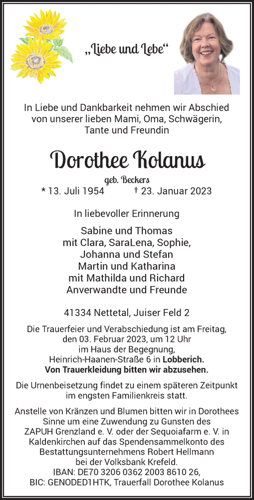  Traueranzeige für Dorothee Kolanus vom 28.01.2023 aus Rheinische Post
