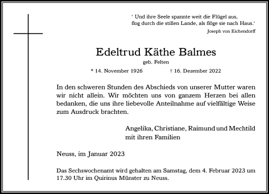 Traueranzeige von Edeltrud Käthe Balmes von Rheinische Post