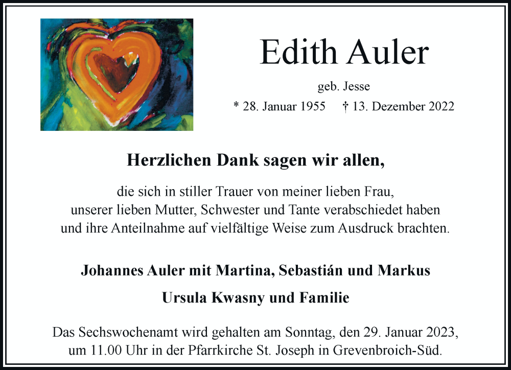  Traueranzeige für Edith Auler vom 21.01.2023 aus Rheinische Post