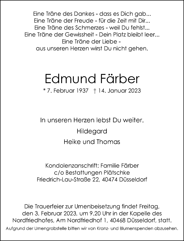  Traueranzeige für Edmund Färber vom 28.01.2023 aus Rheinische Post