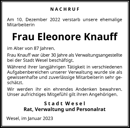 Traueranzeige von Eleonore Knauff von Rheinische Post