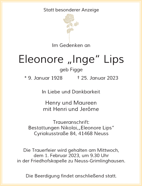 Traueranzeige von Eleonore Lips von Rheinische Post