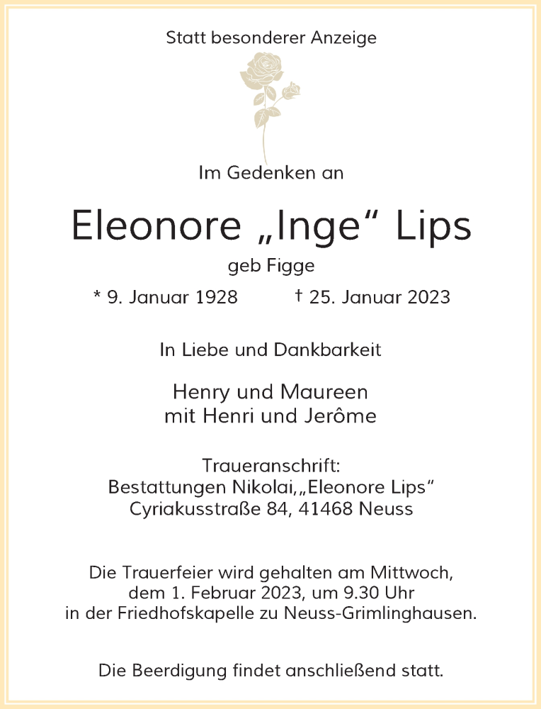  Traueranzeige für Eleonore Lips vom 28.01.2023 aus Rheinische Post