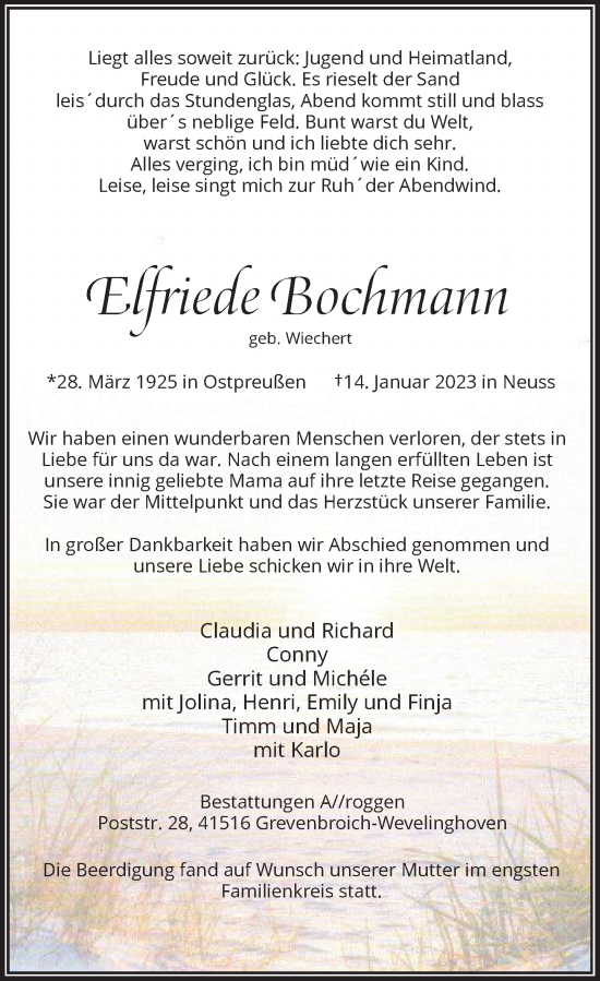 Traueranzeige von Elfriede Bochmann von Rheinische Post