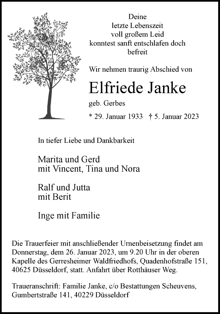  Traueranzeige für Elfriede Janke vom 21.01.2023 aus Rheinische Post