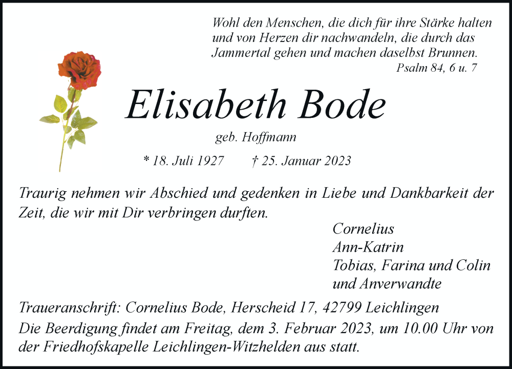  Traueranzeige für Elisabeth Bode vom 31.01.2023 aus Rheinische Post