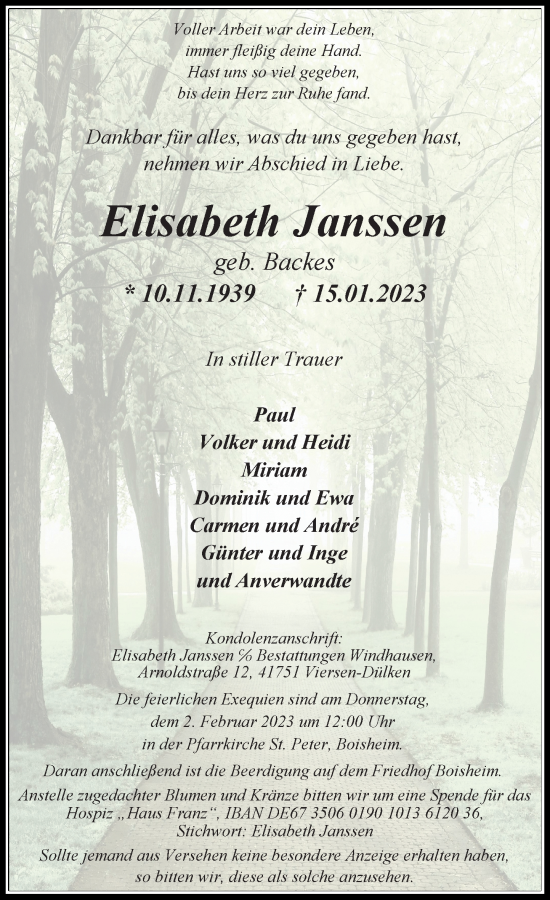 Traueranzeige von Elisabeth Janssen von Rheinische Post