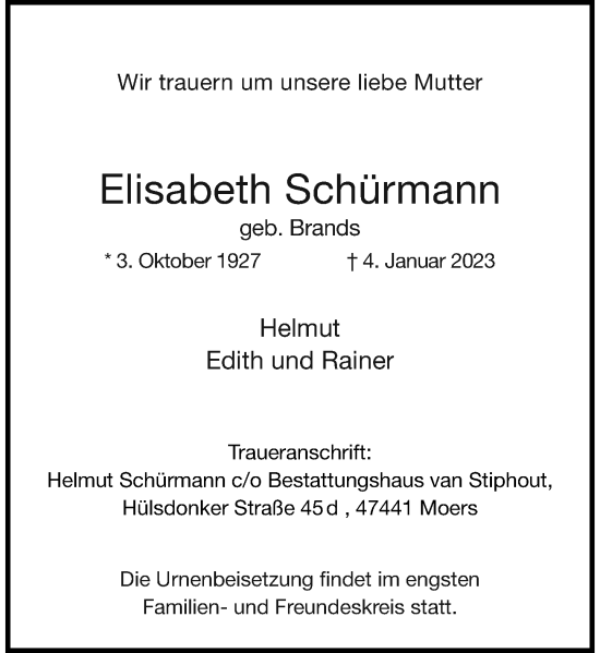 Traueranzeige von Elisabeth Schürmann von Rheinische Post