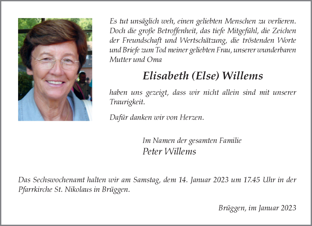  Traueranzeige für Elisabeth Willems vom 07.01.2023 aus Rheinische Post