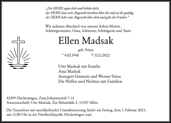 Traueranzeige von Ellen Madsak von Rheinische Post