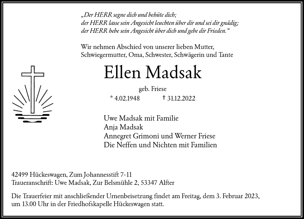  Traueranzeige für Ellen Madsak vom 28.01.2023 aus Rheinische Post