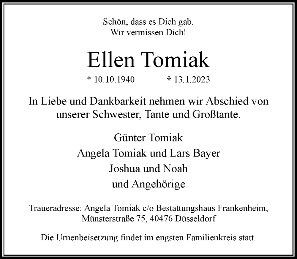  Traueranzeige für Ellen Tomiak vom 21.01.2023 aus Rheinische Post