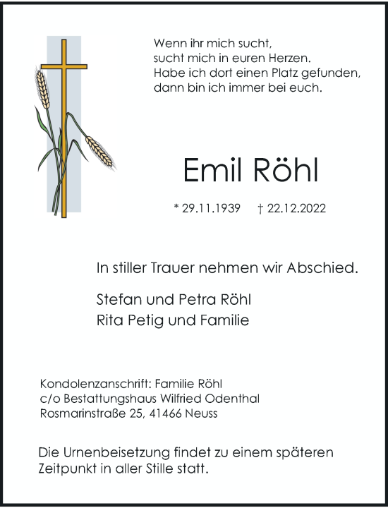 Traueranzeige von Emil Röhl von Rheinische Post