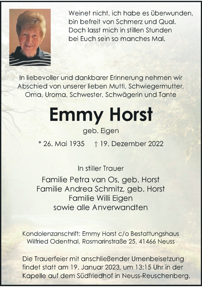  Traueranzeige für Emmy Horst vom 14.01.2023 aus Rheinische Post