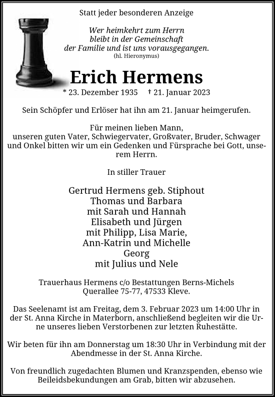 Traueranzeige von Erich Hermens von Rheinische Post