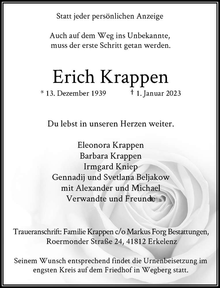  Traueranzeige für Erich Krappen vom 07.01.2023 aus Rheinische Post