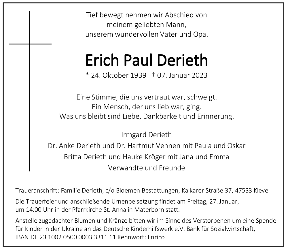  Traueranzeige für Erich Paul Derieth vom 21.01.2023 aus Rheinische Post