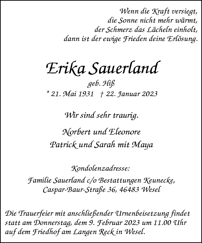  Traueranzeige für Erika Sauerland vom 28.01.2023 aus Rheinische Post