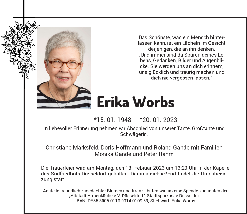  Traueranzeige für Erika Worbs vom 30.01.2023 aus Rheinische Post