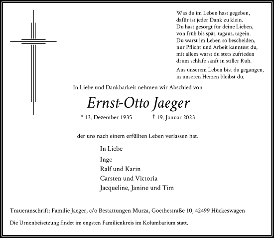 Traueranzeige von Ernst-Otto Jaeger von Rheinische Post