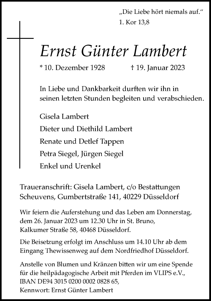  Traueranzeige für Ernst Günter Lambert vom 21.01.2023 aus Rheinische Post