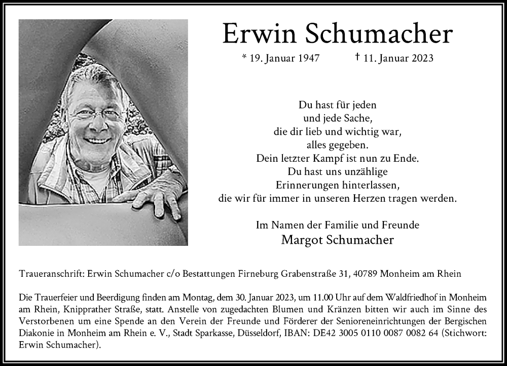  Traueranzeige für Erwin Schumacher vom 25.01.2023 aus Rheinische Post