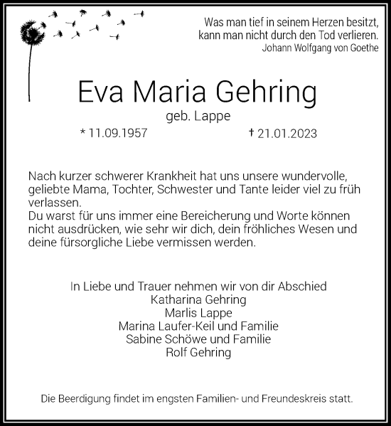 Traueranzeige von Eva Maria Gehring von Rheinische Post