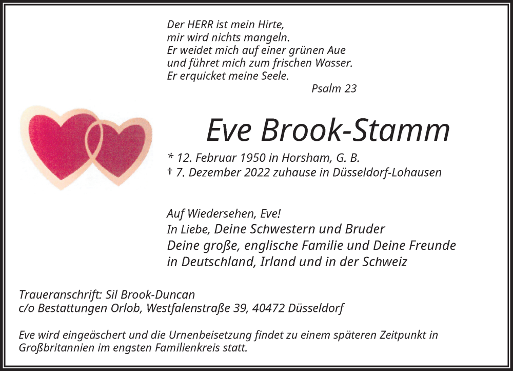  Traueranzeige für Eve Brook-Stamm vom 07.01.2023 aus Rheinische Post