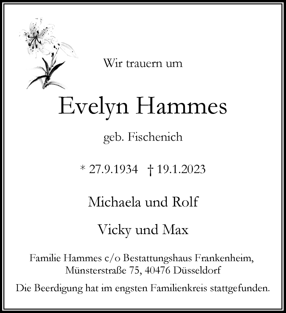  Traueranzeige für Evelyn Hammes vom 28.01.2023 aus Rheinische Post