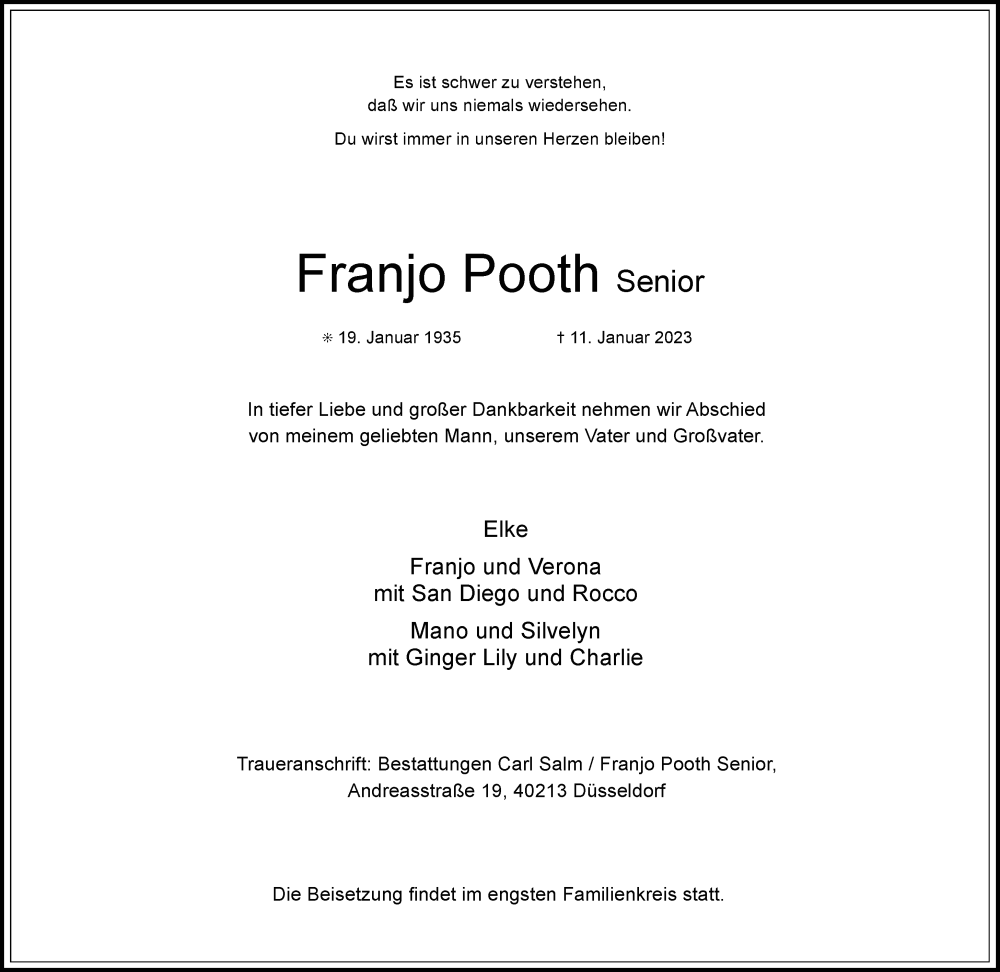  Traueranzeige für Franjo Pooth vom 28.01.2023 aus Rheinische Post
