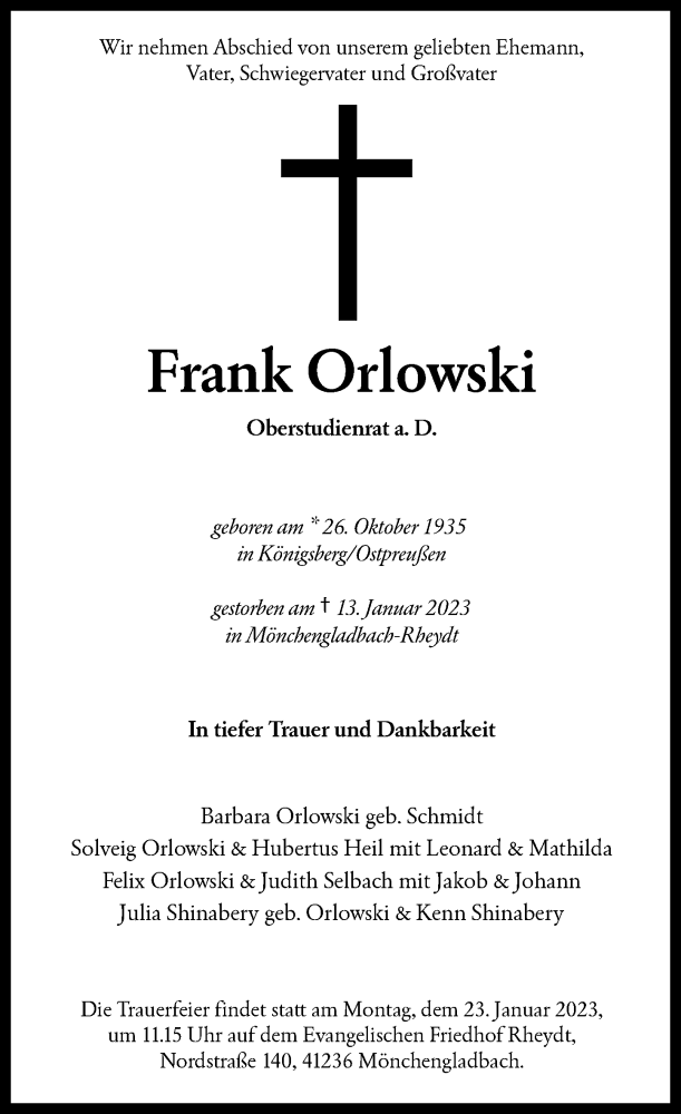  Traueranzeige für Frank Orlowski vom 18.01.2023 aus Rheinische Post
