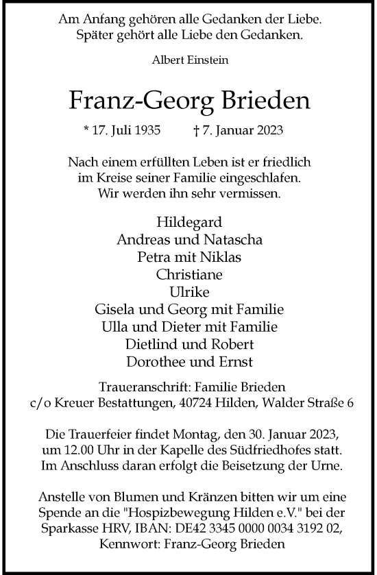 Traueranzeige von Franz-Georg Brieden von Rheinische Post